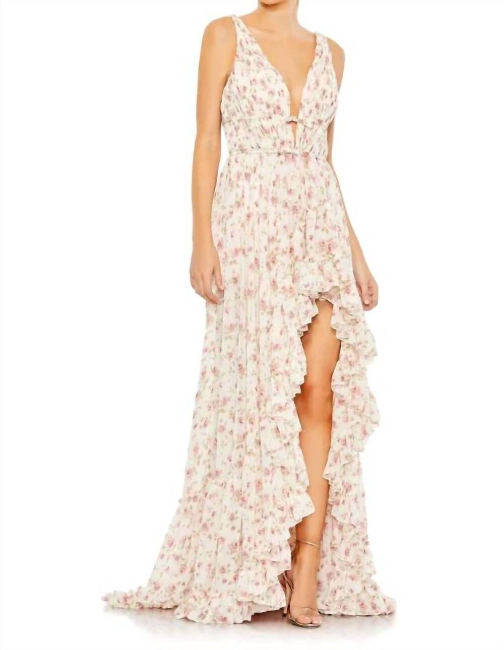 NEW MAC DUGGAL floral print sleeveless ruffled high low gown in pink multi